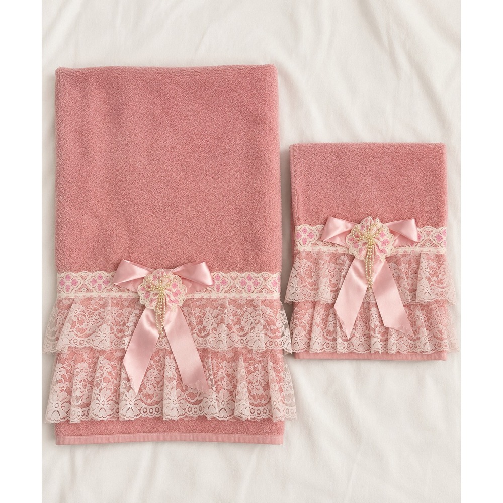 VTG Stevens Pink Bath Hand Towel Set Lace Bow Pearls Victorian Shabby Chic